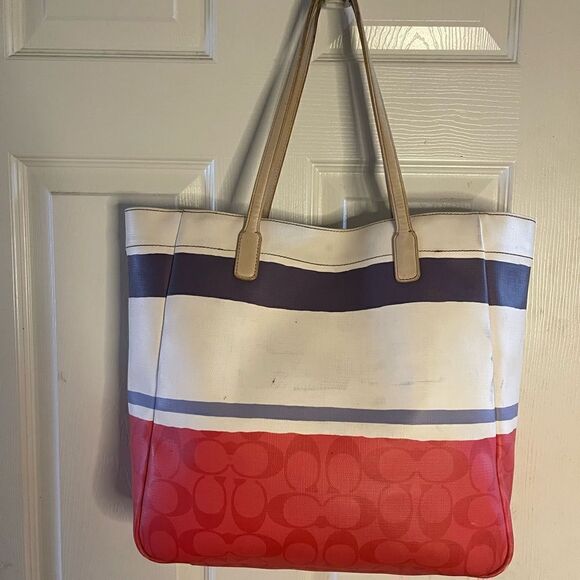 Coach PVC beige,coral&grayish blue stripes with leather beige straps large tote - Picture 1 of 16